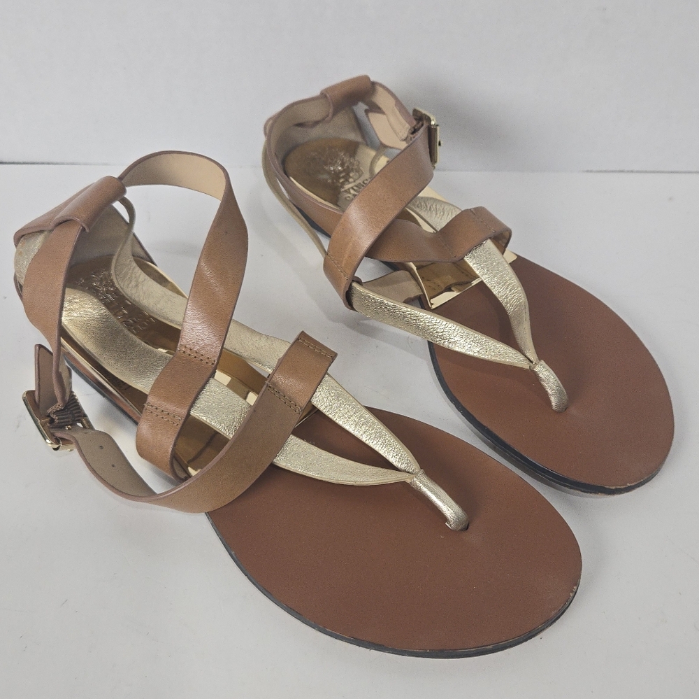 Leather Brown and Gold Flat Sandals